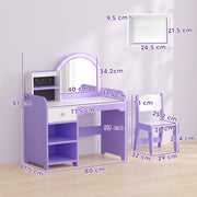 Dimension diagram of the kids vanity set showing 80 x 41.5 x 97 cm table and 29 x 32 x 51 cm stool