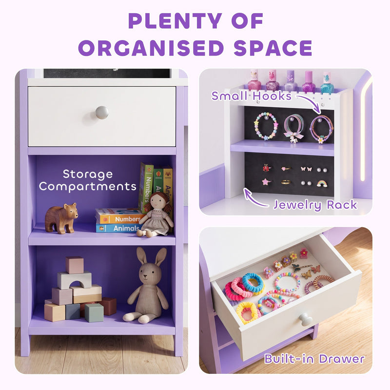 Jewelry rack, hooks and drawer storage on the kids vanity set