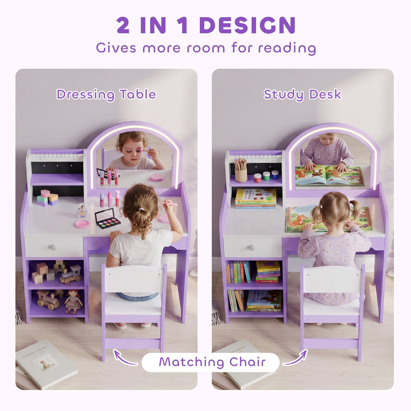 Purple kids vanity table doubling as a study desk with matching chair