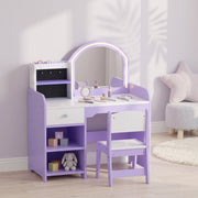 Purple kids vanity set styled in a bedroom with toy shelf