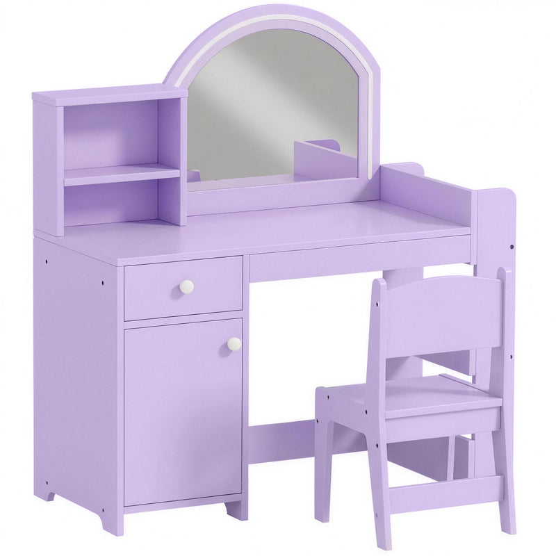 Purple Aiyaplay kids vanity table and chair set with arched mirror, studio shot