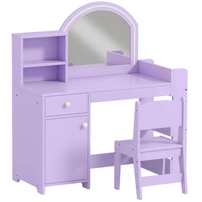 Purple Aiyaplay kids vanity table and chair set with arched mirror, studio shot