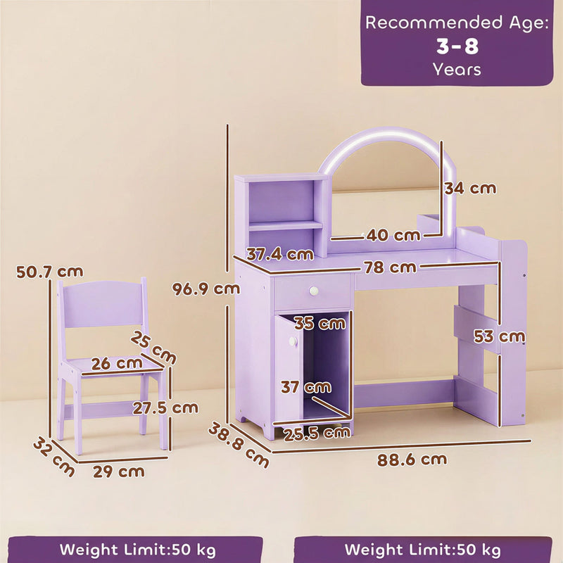 Dimensions diagram of the vanity table and chair with recommended age 3-8 years