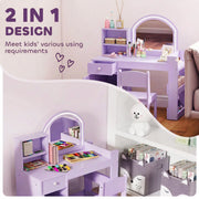 Two ways to style the vanity table, shown with makeup items and craft supplies