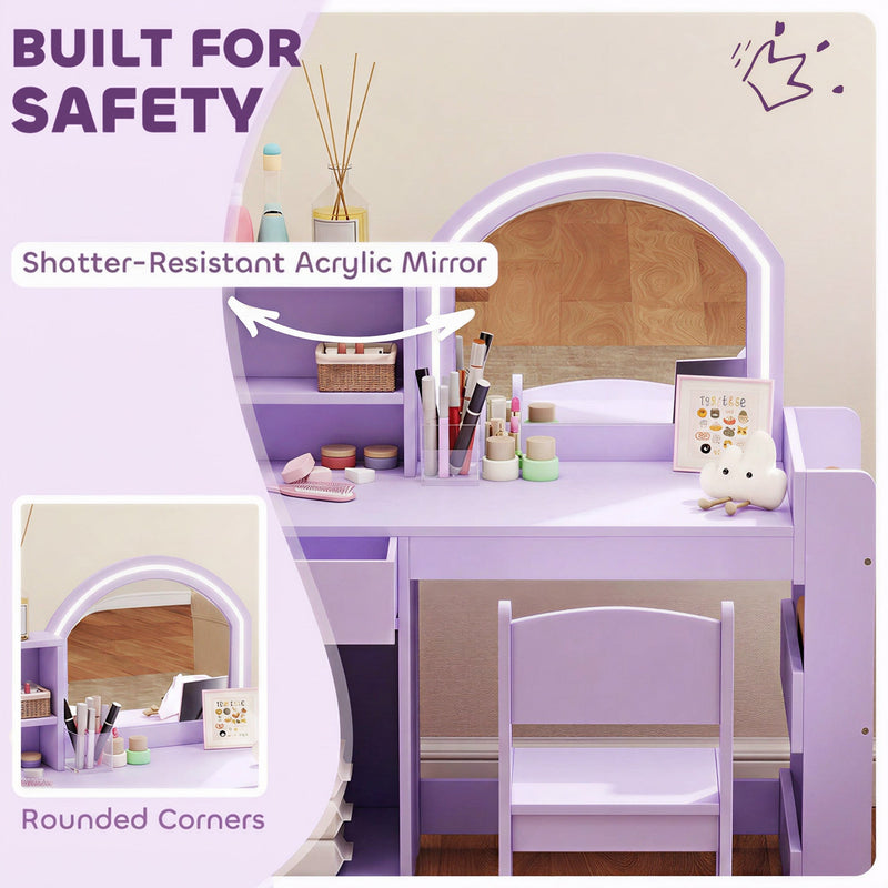 Shatter-resistant acrylic mirror and rounded corners highlighted for safety