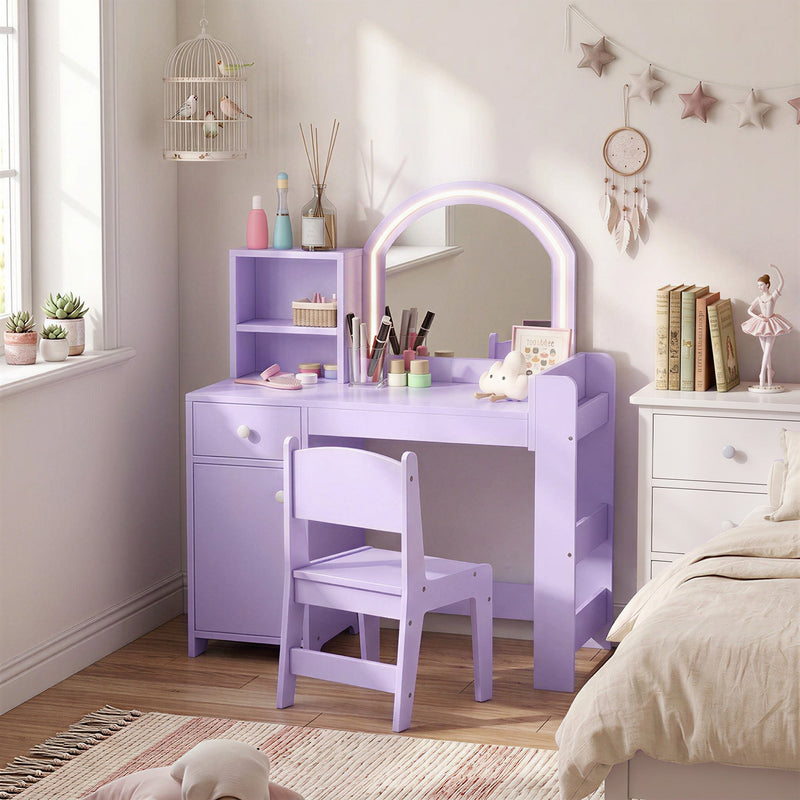 Purple vanity table and chair in a bedroom corner with star decorations