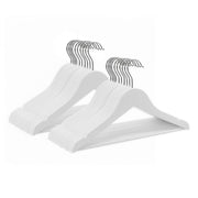 Two stacks of white kids wooden hangers arranged in a fan shape