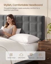 Woman reading against the slate grey padded headboard beside icons for the fabric finish