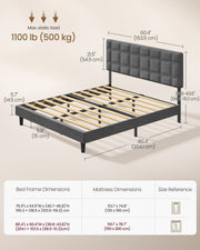 Dimension diagram of the slate grey king bed with a table comparing double and king frame sizes
