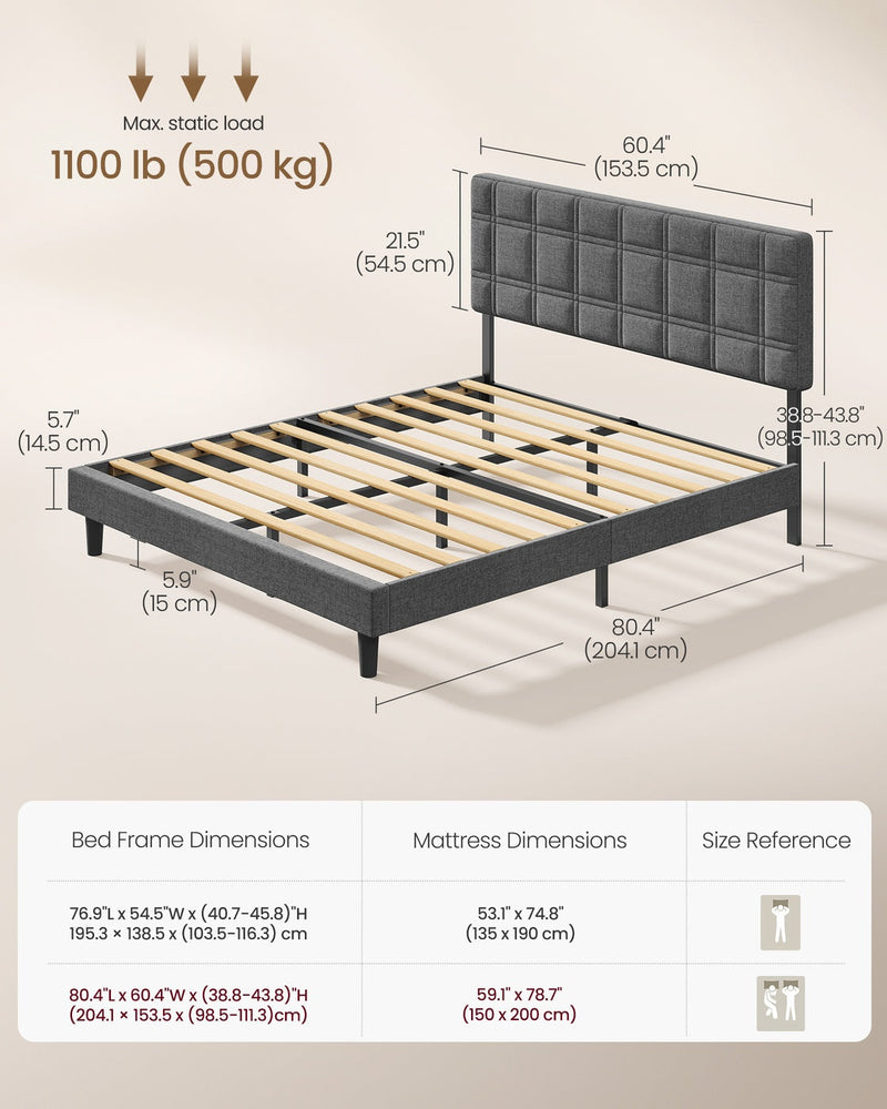 Dimension diagram of the slate grey king bed with a table comparing double and king frame sizes