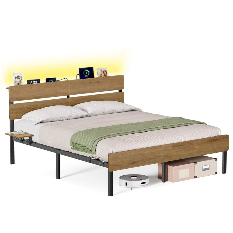 Natural brown metal bed frame with a lit LED headboard, USB ports and storage boxes under the frame