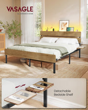 Natural brown king bed frame in a bedroom with a detachable bedside shelf