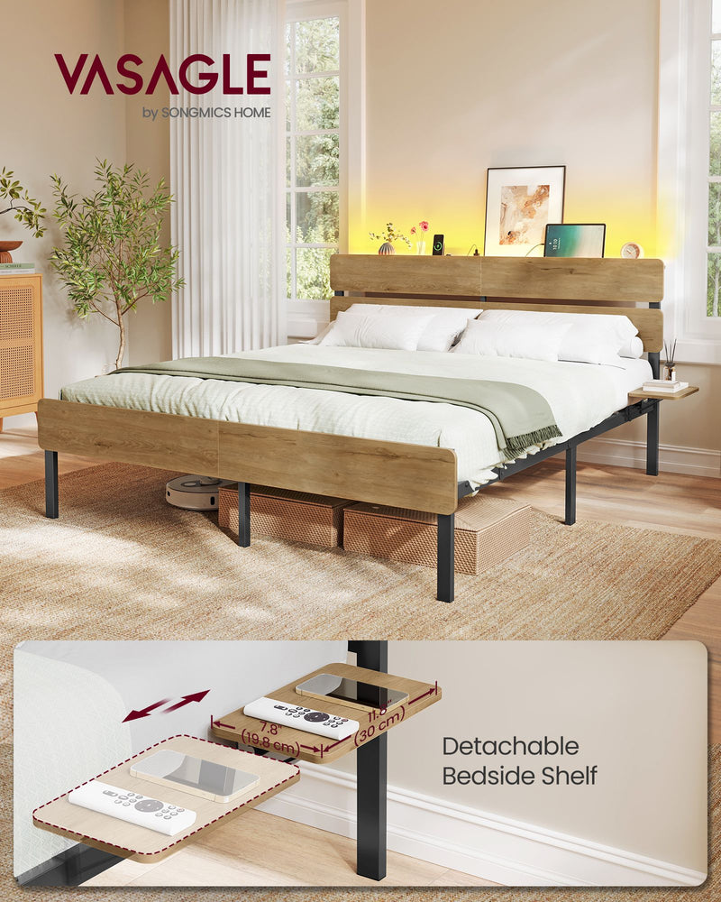 Natural brown king bed frame in a bedroom with a detachable bedside shelf