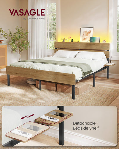 Natural brown king bed frame in a bedroom with a detachable bedside shelf