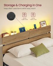 Headboard storage ledge with USB-A and USB-C ports holding a phone and small decor