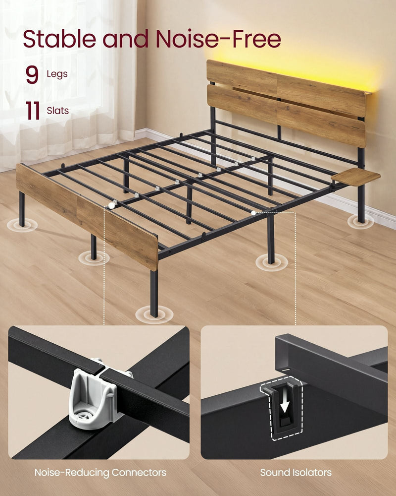 Metal bed frame showing 9 legs, 11 slats, noise-reducing connectors and sound isolators