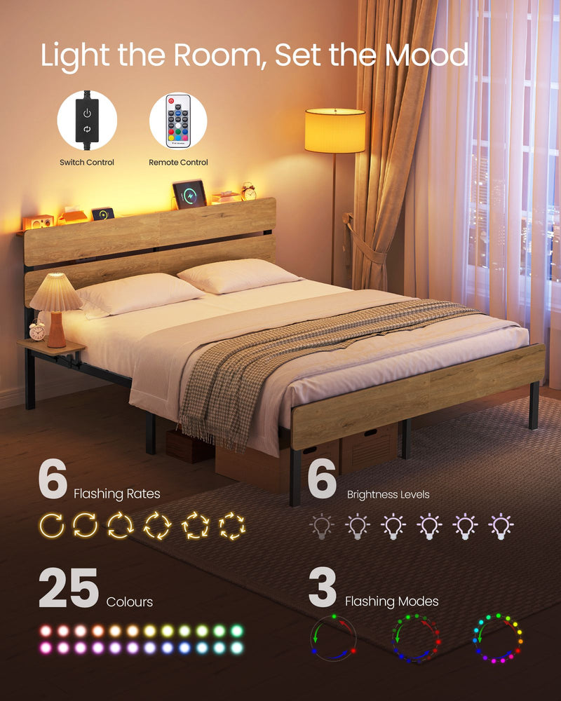Bedroom with the headboard LED lights on and a switch and remote control for 25 colours
