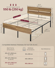 Dimensions diagram of the king bed frame, 215 x 167 x 100.3 cm with a 250 kg load limit