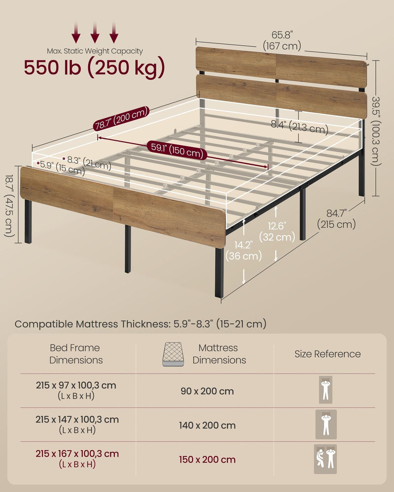 Dimensions diagram of the king bed frame, 215 x 167 x 100.3 cm with a 250 kg load limit