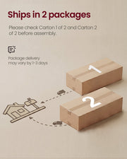 Graphic showing the bed frame ships in 2 packages