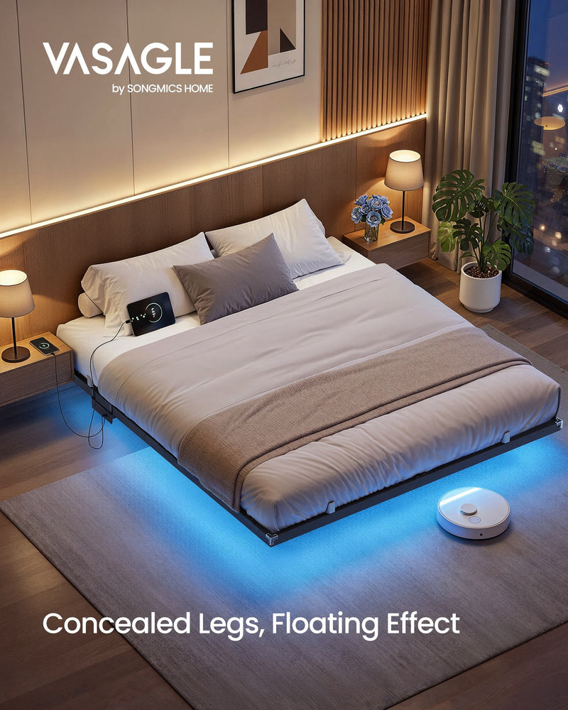 Lifestyle bedroom scene at night showing the bed frame's floating LED lighting effect and concealed legs