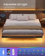 Front view of the made-up bed frame highlighting the adjustable LED lighting control options