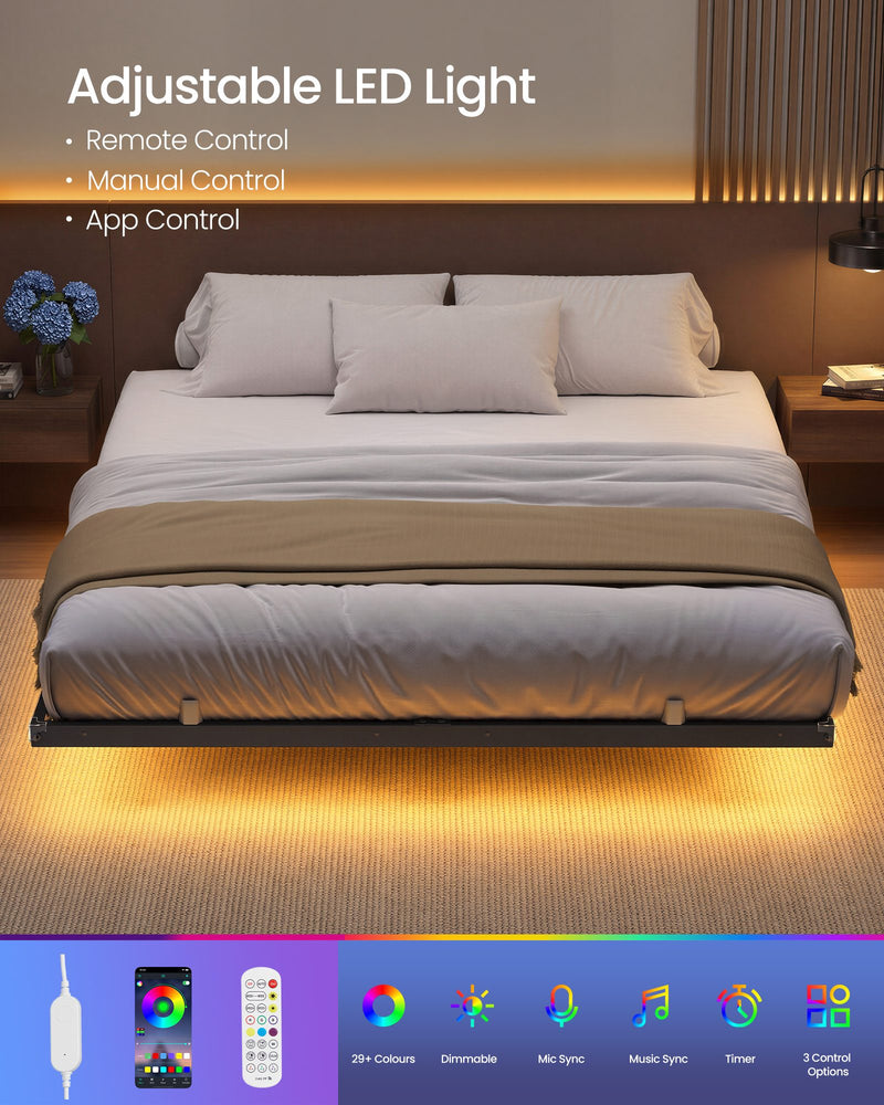 Front view of the made-up bed frame highlighting the adjustable LED lighting control options