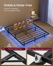 Diagram of the bed frame showing its 500 kg static load capacity, triangular support frame and noise-reducing connectors