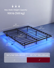 Dimension diagram showing the bed frame's length, width, height and leg measurements
