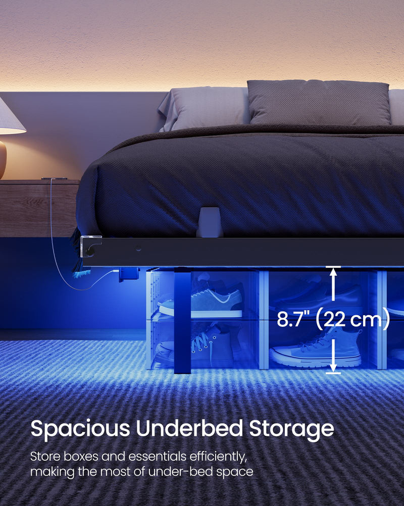 Lifestyle shot showing 22 cm of underbed storage space with shoes stored beneath the frame