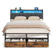 King metal bed frame with upholstered headboard, LED shelf and two rustic brown drawers on a white background