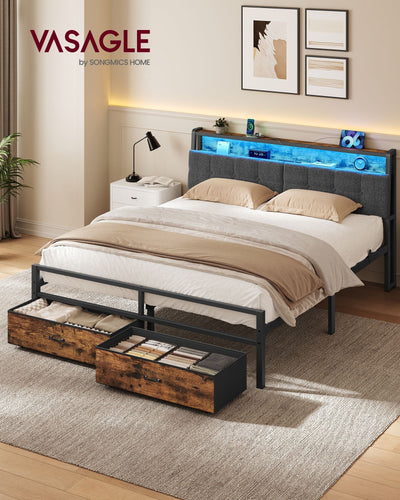 Vasagle king bed frame in a bedroom with blue LED headboard shelf and two drawers pulled out onto a rug