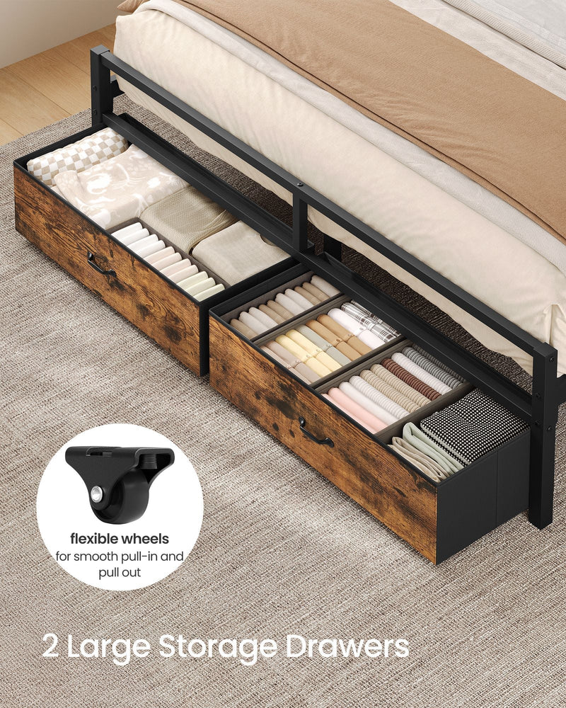 Two large wheeled storage drawers pulled out from under the bed, filled with folded clothes and linen