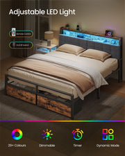 Bed with glowing LED headboard and icons for 29+ colours, dimming, timer and dynamic mode