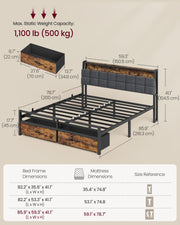 Dimensions diagram of the king bed frame with drawer size, 500 kg weight capacity and mattress size table