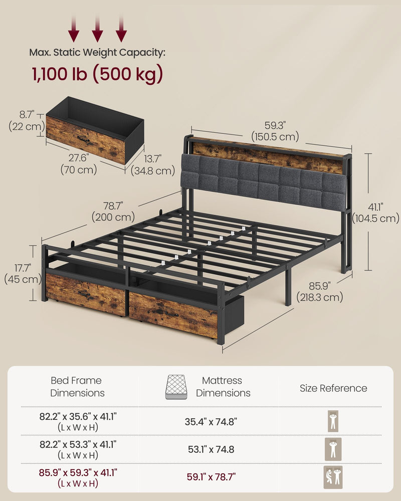 Dimensions diagram of the king bed frame with drawer size, 500 kg weight capacity and mattress size table