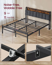 Bed frame base showing 9 legs, 11 dense slats and noise-reducing connectors in close-up