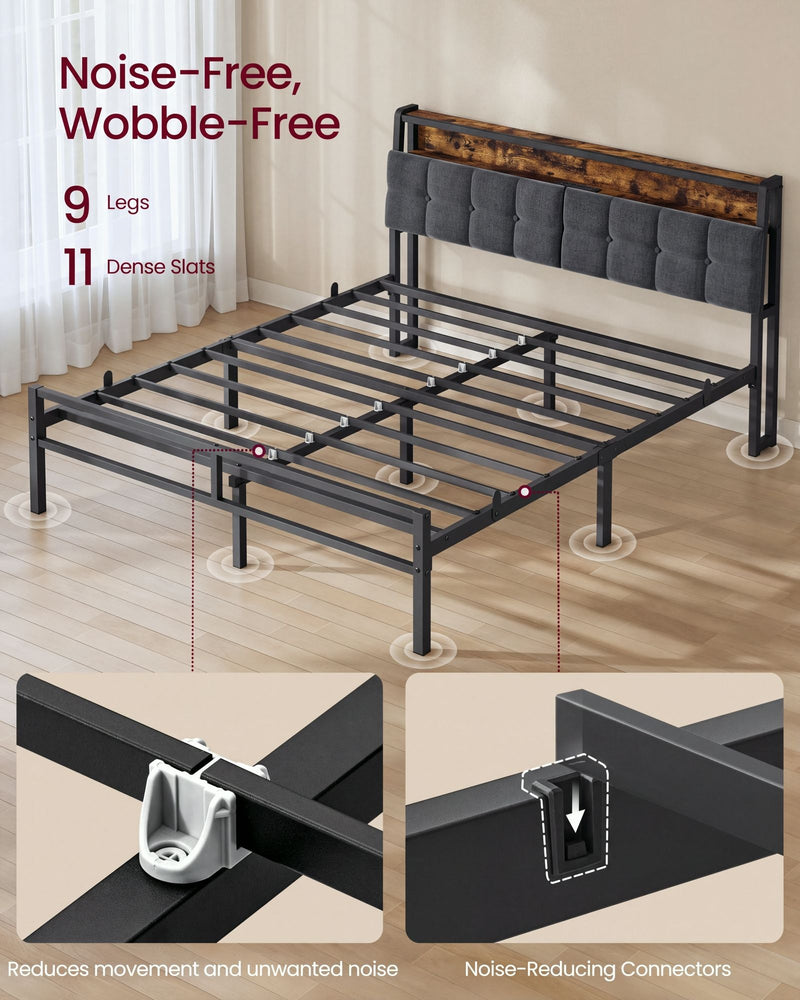 Bed frame base showing 9 legs, 11 dense slats and noise-reducing connectors in close-up