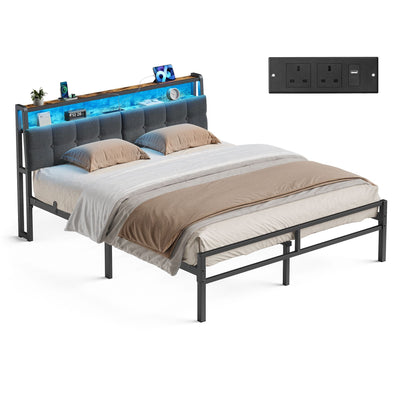 Vasagle king metal bed frame in rustic brown and ink black on a plain background