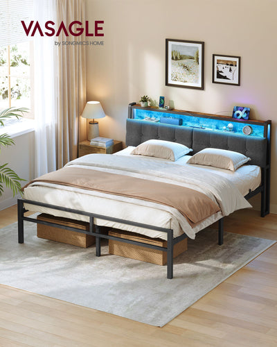 King bed frame styled in a bedroom with blue LED light glowing under the headboard shelf