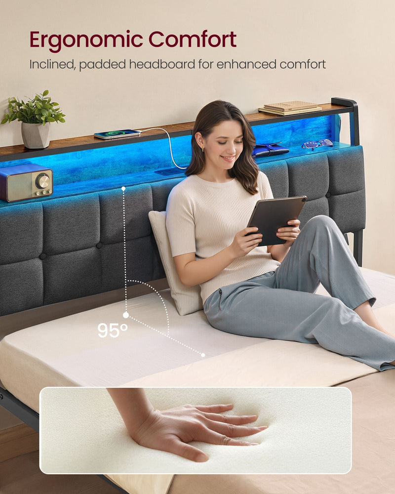 Woman sitting up in bed against the 95 degree inclined padded headboard