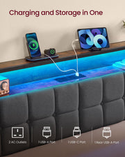 Close-up of the headboard shelf charging station with 2 mains sockets, USB-A and USB-C ports