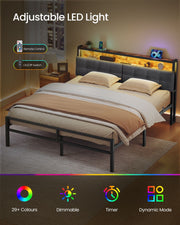 Bedroom scene showing the RGB LED strip colour range, remote control and on off switch