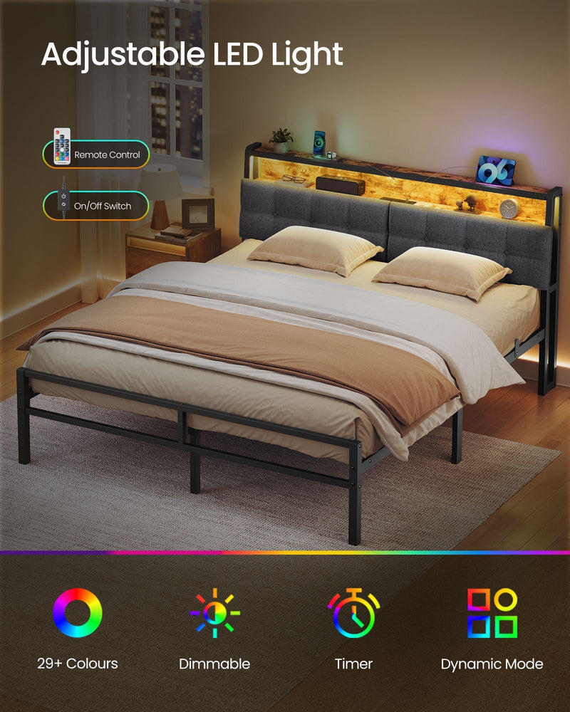 Bedroom scene showing the RGB LED strip colour range, remote control and on off switch