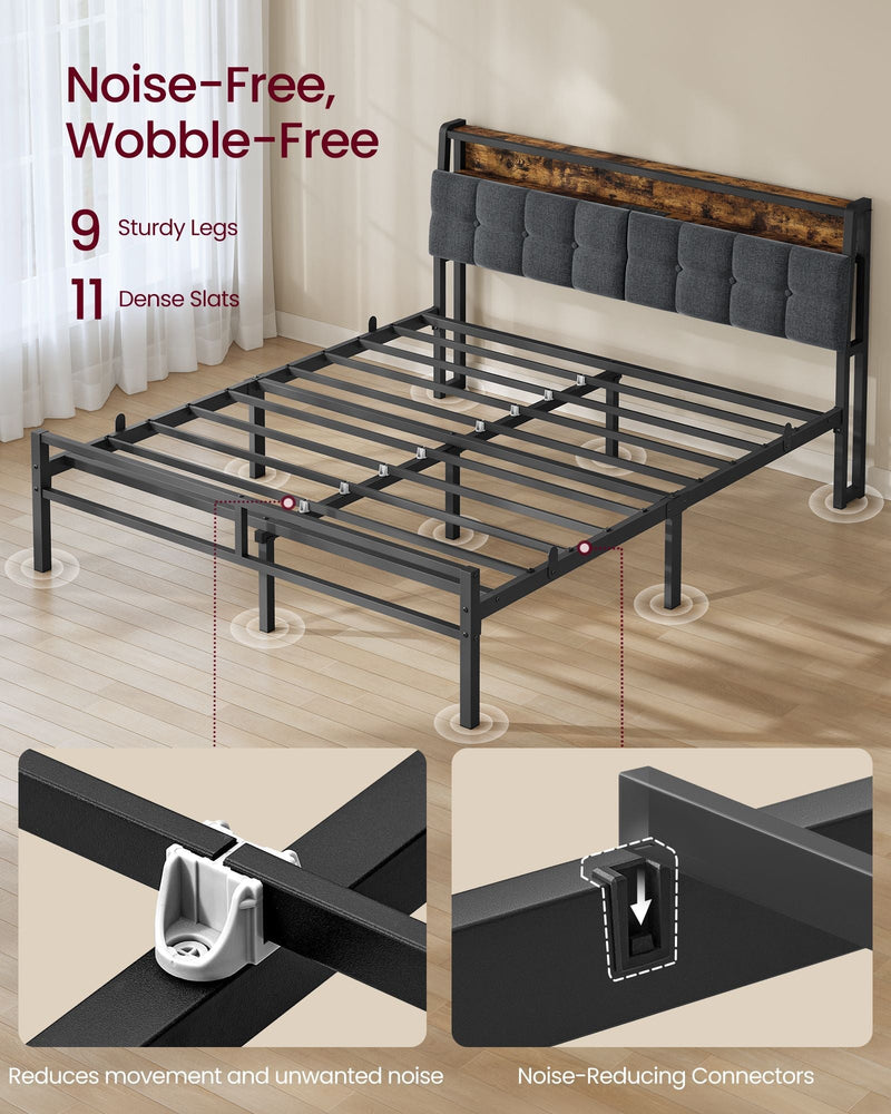 Bare steel bed frame showing 9 legs, 11 slats and the noise-reducing connectors