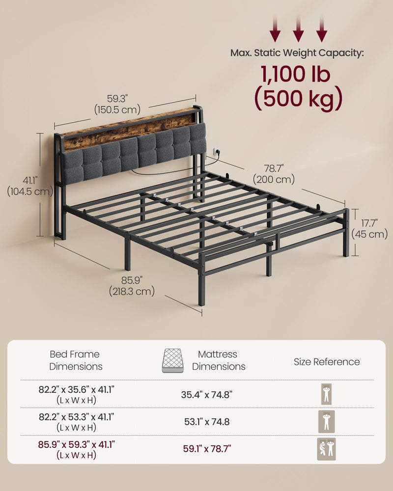 Dimensions diagram of the king bed frame labelled 218.3 x 150.5 x 104.5 cm with 500 kg load