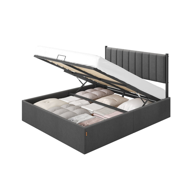 Slate grey king ottoman bed frame with the storage base lifted open to show fabric boxes