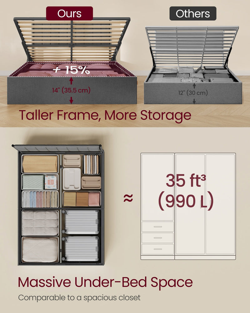 Panel comparing the 35.5 cm deep storage box with a shallower 30 cm alternative frame
