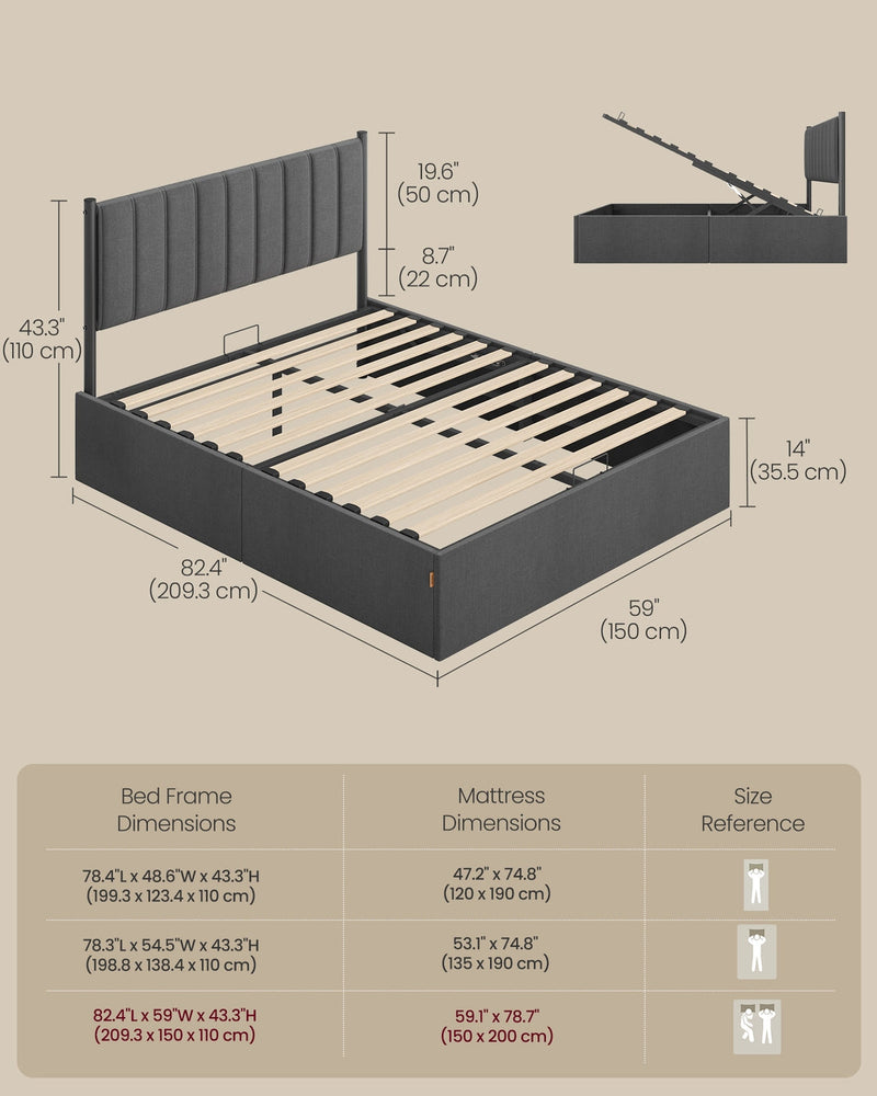 Dimension diagram giving the 209.3 x 150 x 110 cm frame, 50 cm headboard and 35.5 cm box