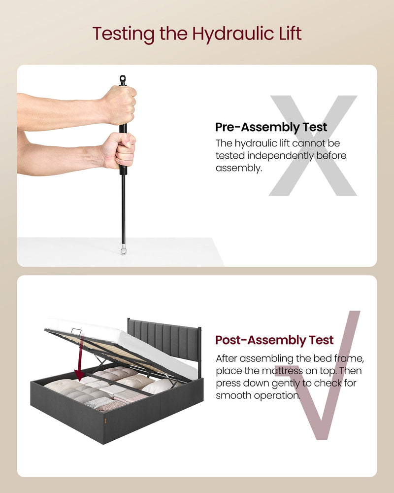 Guidance on testing the hydraulic lift before assembly and again once the bed is built